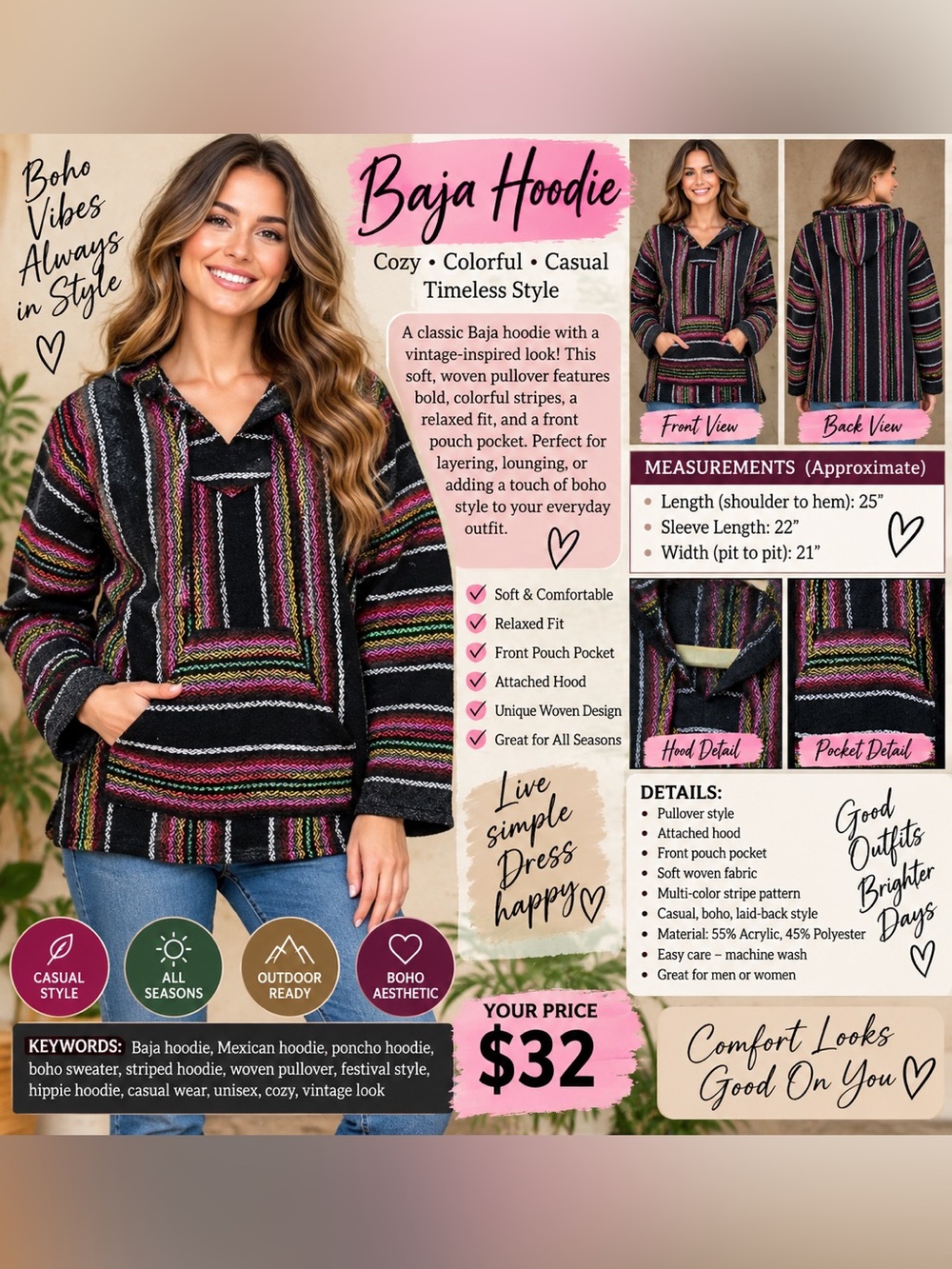 Black Multi-Stripe Hooded Pullover Sweater with Pink & Green Accents